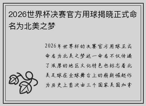 2026世界杯决赛官方用球揭晓正式命名为北美之梦