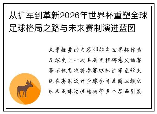 从扩军到革新2026年世界杯重塑全球足球格局之路与未来赛制演进蓝图