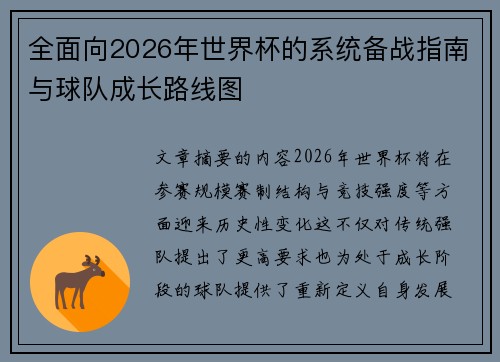 全面向2026年世界杯的系统备战指南与球队成长路线图
