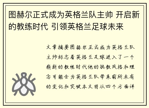 图赫尔正式成为英格兰队主帅 开启新的教练时代 引领英格兰足球未来