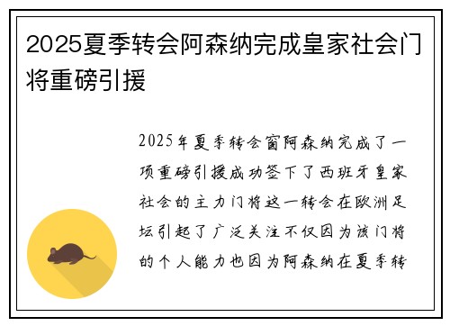 2025夏季转会阿森纳完成皇家社会门将重磅引援
